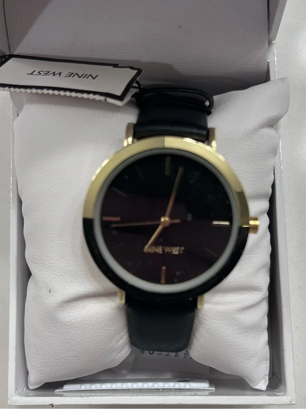 Nine West Black and Gold Round Face Leather Strap Watch NWT